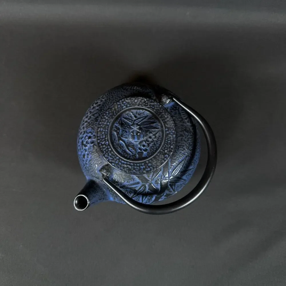 Japanese blue Cast Iron Teapot Black Bamboo Design Heavy